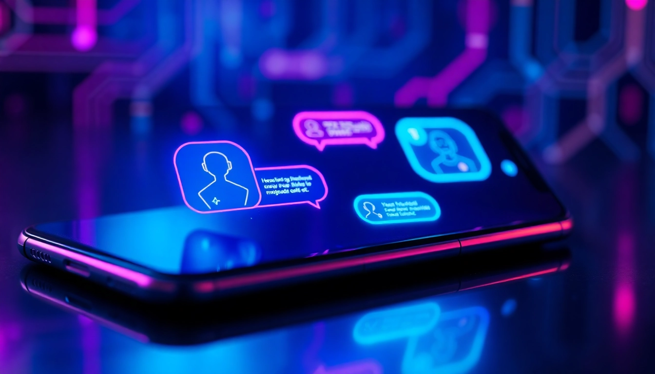 Futuristic AI chat interface on a digital device with neon lighting and abstract avatars, conveying high-tech and seductive themes.