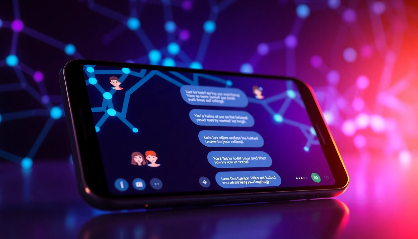 Futuristic AI chatbot interface on a modern device with neon cybernetic background